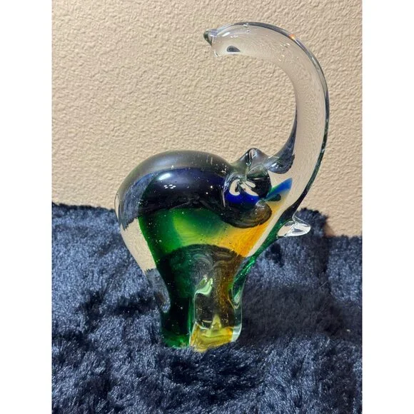 Vintage Glass Elephant Figurine10"  Green & Amber Art Glass Decor - Picture 2 of 11